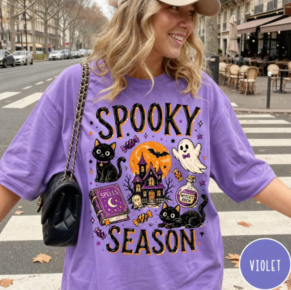 Spooky Season Comfort Colors T-Shirt, Cute Black Cat Halloween T-Shirt